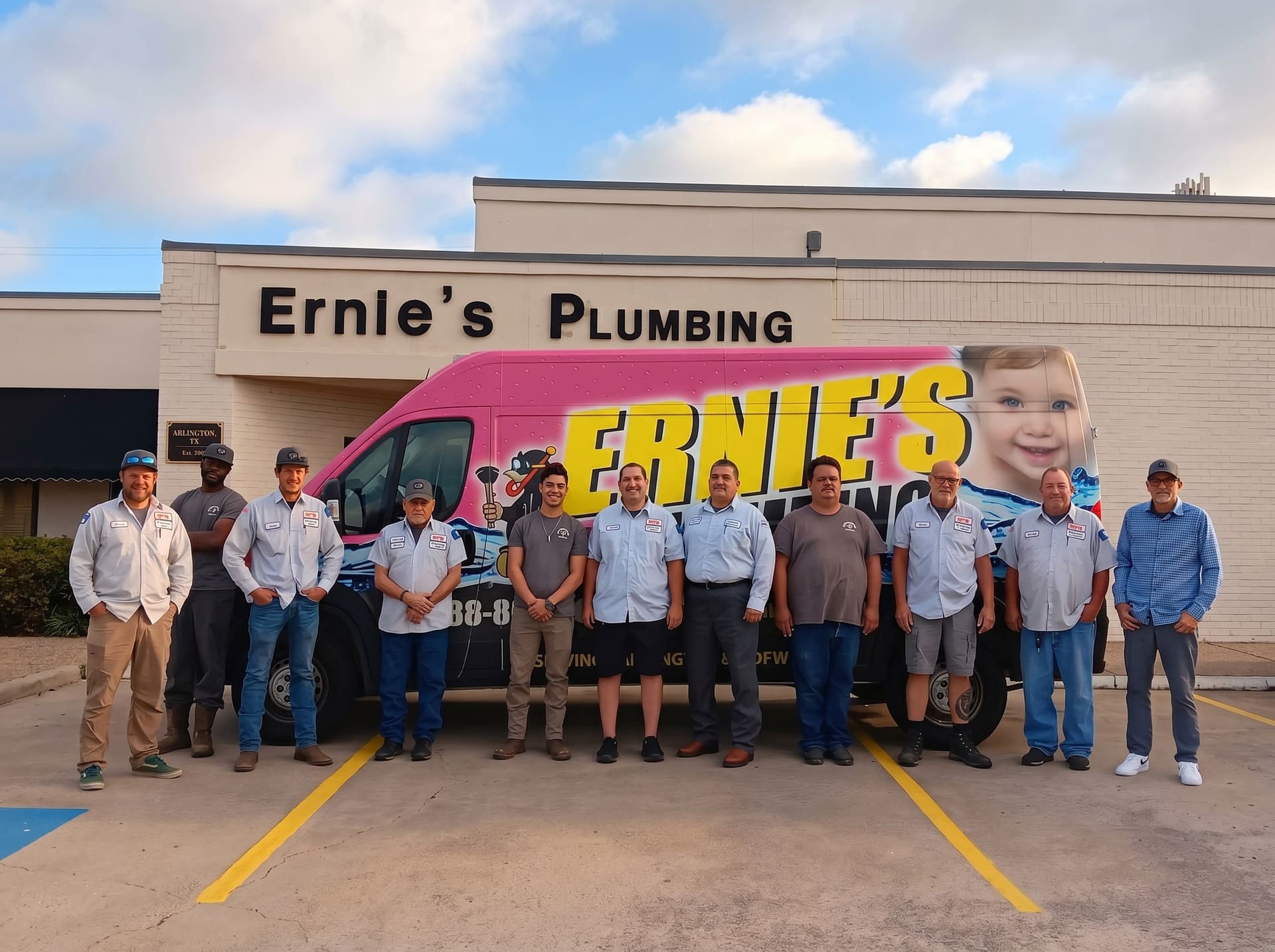 Ernie's Plumbing team in front of service vans